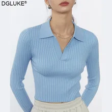 

Ribbed Knitted Polo Shirts Women V-Neck Long Sleeve Crop Top Spring Autumn Casual T-Shirt Sweater Tops Blue White Black