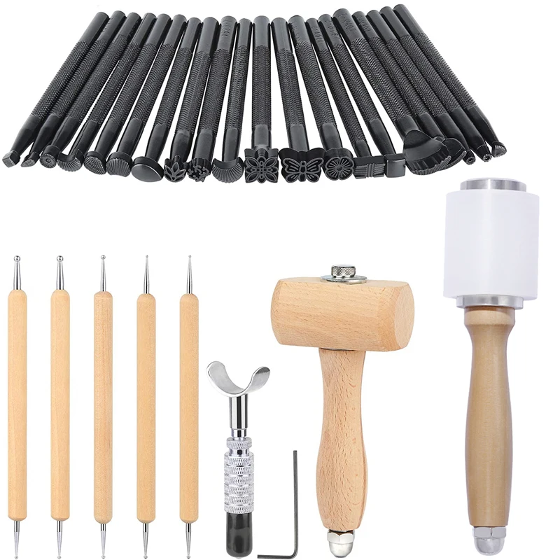 LMDZ Leather Craft Tools Kit Stitching Stamping Embossing Punch Saddle Groover Carving Hammer Set For Leather Working