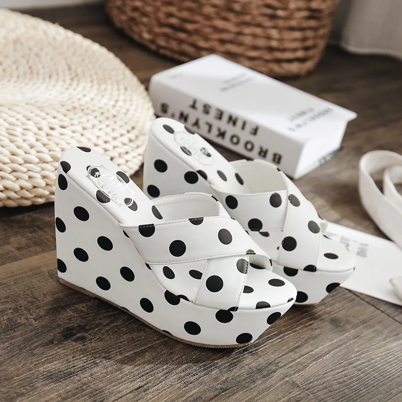 

Polka Dot Peep Toe Outside Women Platform Wedges Slides High Summer Women Shoes Cross-tied Sweet Leisure Slippers PU