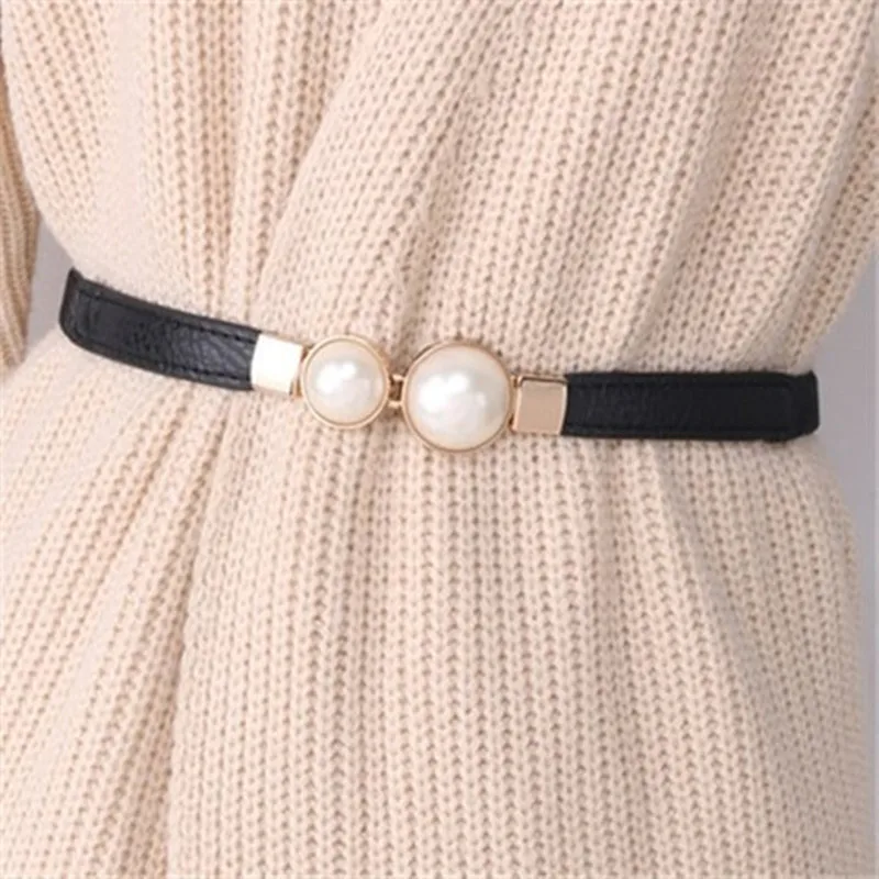 Fashion thin PU leather belt imitation pearl elastic waist belts women dress skirt decoration fashion Girles gifts