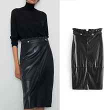 Za/черная прямая кожаная юбка для женщин, для офиса, на молнии сзади, с разрезом сзади, Повседневная Длинная юбка, faldas mujer moda
