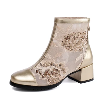 

Embroidery ankle boots back zip closure round toe genuine leather patchwork shoes women med heels pink silver blue gold