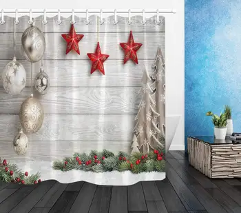 

Merry Christmas Shower Curtains,Unique Design Wood Plank with Christmas Balls Stars Print Christmas Ornament Shower Curtain