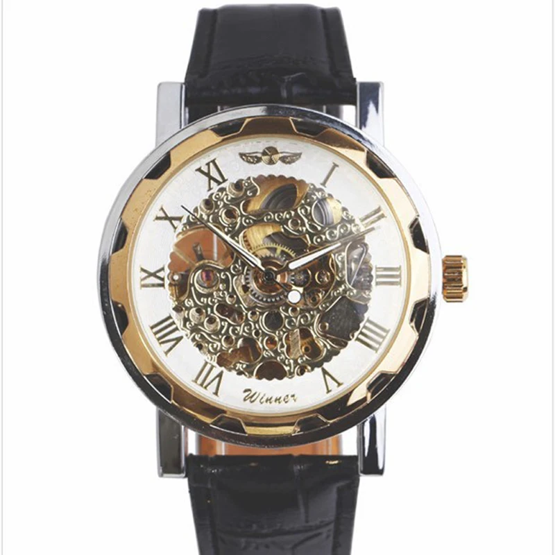Fashion Winner Black Leather Band Stainless Steel Skeleton Mechanical Watch For Man Gold Mechanical Wrist Watch Luxury Brand 
