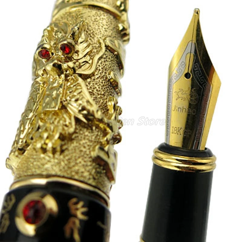 Jinhao Brilliant Gold Metal Double Dragon Playing Pearl Carving Embossing Broad Nib Heavy Fountain Pen Office School Stationery