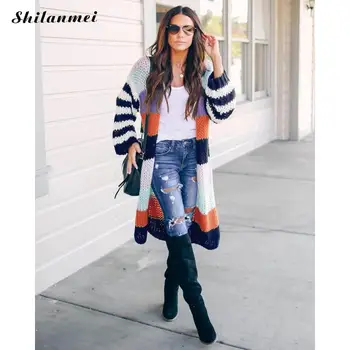 

Autumn Winter Knitted Sweater Cardigan Fashion Colorful Striped Ladies Cardigan Jackets Loose Causal Female Long Cardigan Coats