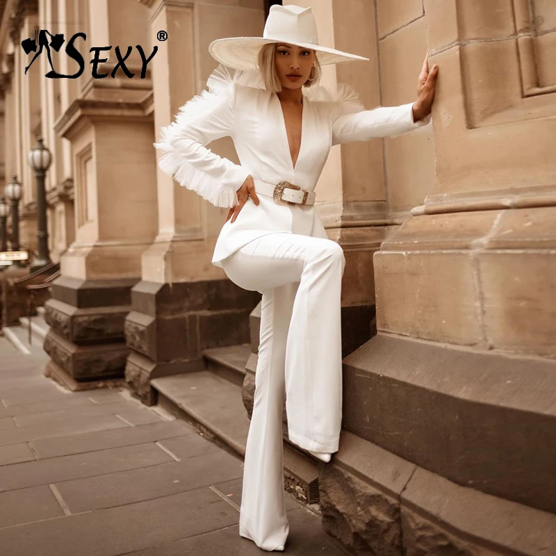 

Gosexy 2019 Fashion V-Neck Sexy Full Tassel Sleeve Pant Suits Set Formal Women Elegant Jag 2 Pieces Pant Sets
