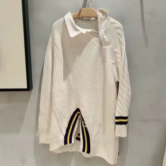 

Autumn 2019 New Asymmetrical Shoulder Split Sweater Knitted Women Personality Contrast Color Joker Tide Pullovers Sweater