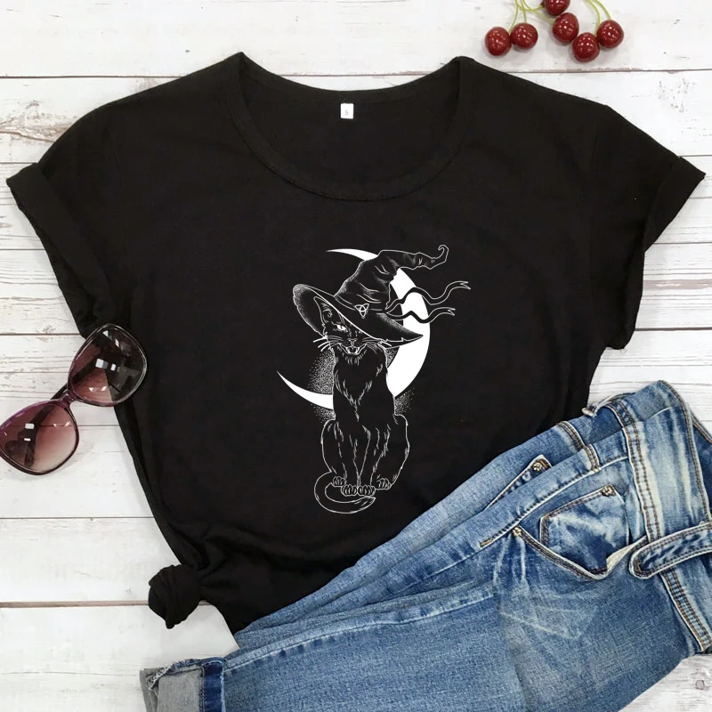 Celestial Moon Cat Witch T-shirt Aesthetic Women Wiccan Gothic Tshirt Vintage Halloween Graphic Tee Shirt Top mens graphic tees