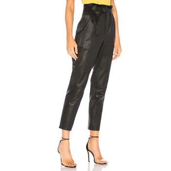 

Faux Leather High Waist Stretch Pants Women Lady With Pockets Belt Trouser Black PU Pants Ankle Length Drawstring Pencil Pants