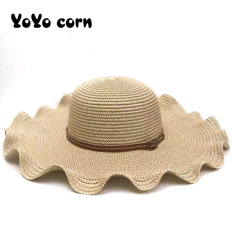 

YOYOCORN Lady Cap Female Belt simple Foldable Wide Brim Floppy Straw Hat Sun Hat Beach Women Summer Hats UV Protect Travel Cap