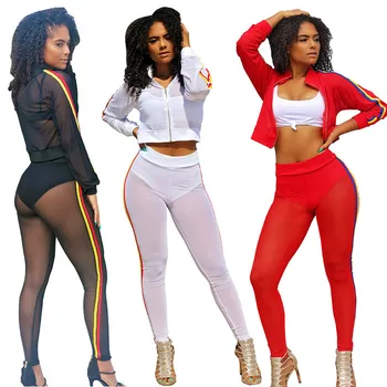 

Mesh Tracksuit Women 2 Two Piece Set Long Sleeve Zipper Sheer Top and Pants Suits See Through Two Piece Outfits Sexy Sweat Suits