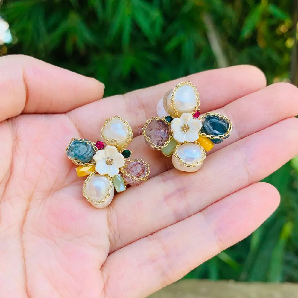 Flower Natural Stone Pearl Earrings For Women 925 sterling silver Earrings Jewelry Accessories Gift STUD EARRING crystal Gift