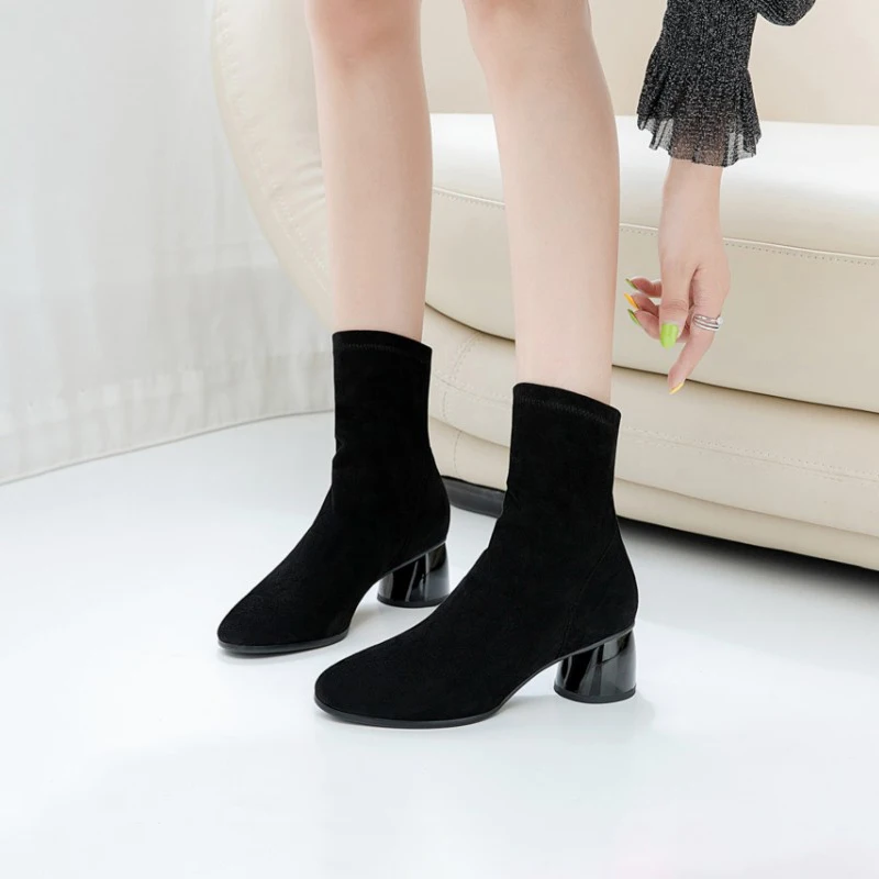 

Plus Size 34-43 Fashion Boots Spring Autumn Sock Boots Ladies Square High Heels Shoes Woman Mid Calf Botines Mujer Slip on Bota