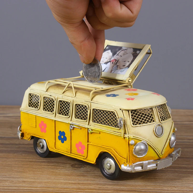 

Creative Bus Piggy Bank Photo Frame Tin Handmade Painted Car Ornaments Bus Car Model Children's Gift Decoration Ornaments