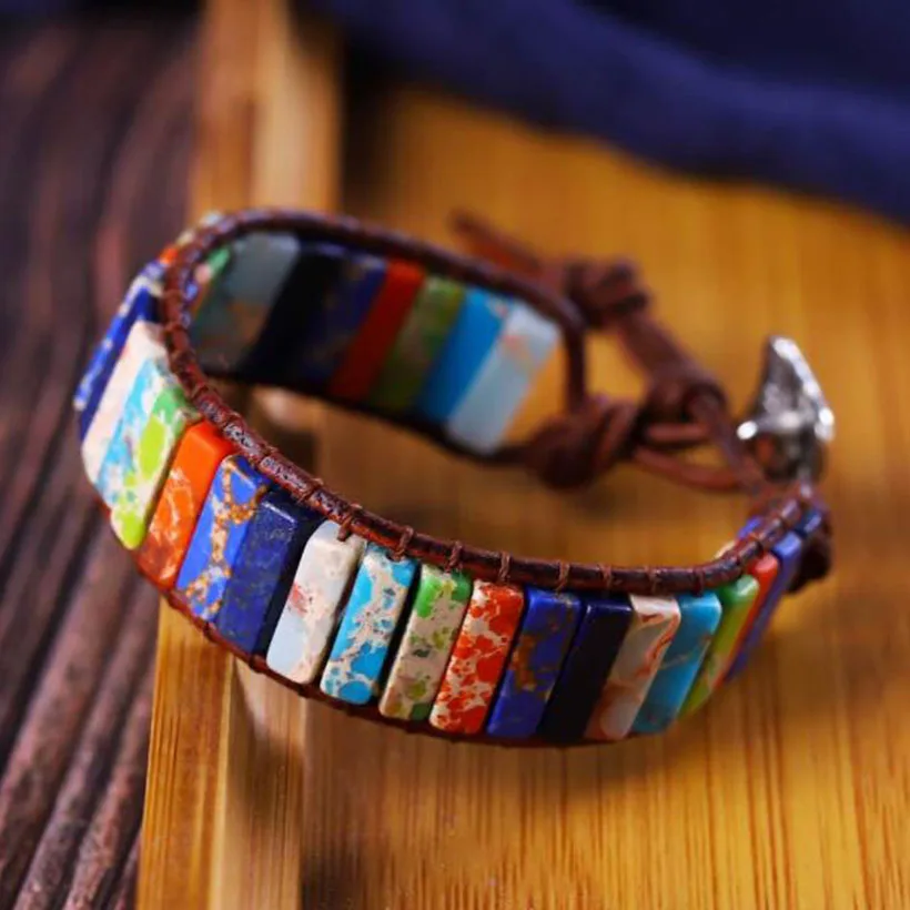 

BOHEMIA Chakra Bracelet Jewelry Handmade Multi Color Natural Stone Tube Beads Leather Wrap Couples Bracelets Creative Gift