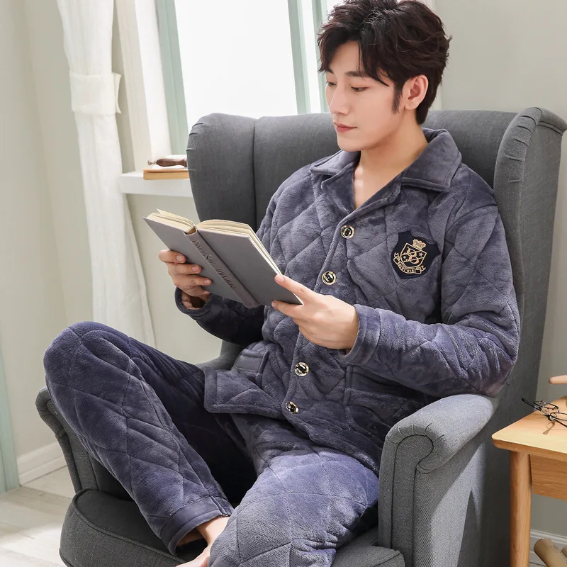 

Men Pajamas Winter Coral Velvet Thick plus Velvet Three Layer Clip Cotton-padded Jacket Autumn And Winter Warm Flange Tracksuit