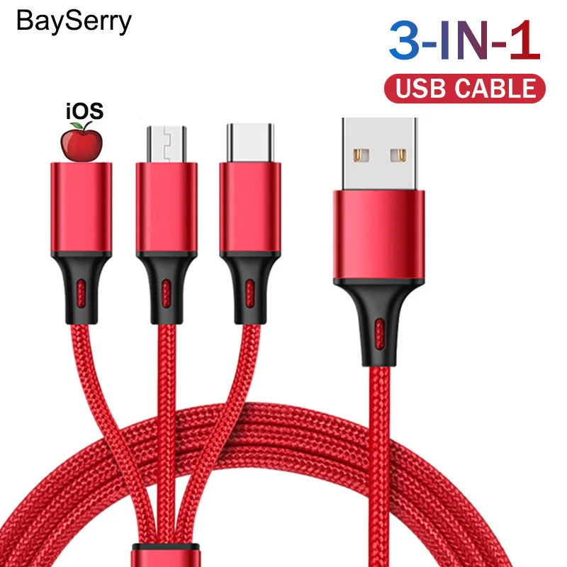 

BaySerry USB Cable 3 IN 1 For iPhone 11 Pro Max XR Phone Fast Charging Micro USB Type C Cable For Samsung S9 Xiaomi Huawei Cable