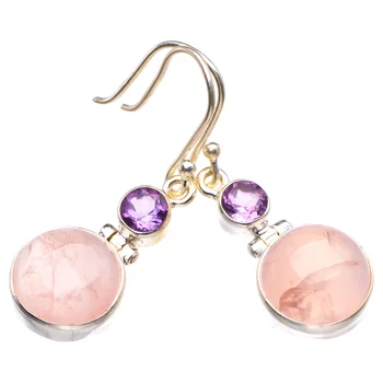 

Natural Rose Quartz And Amethyst Handmade 925 Sterling Silver Earrings 1.5" D3685