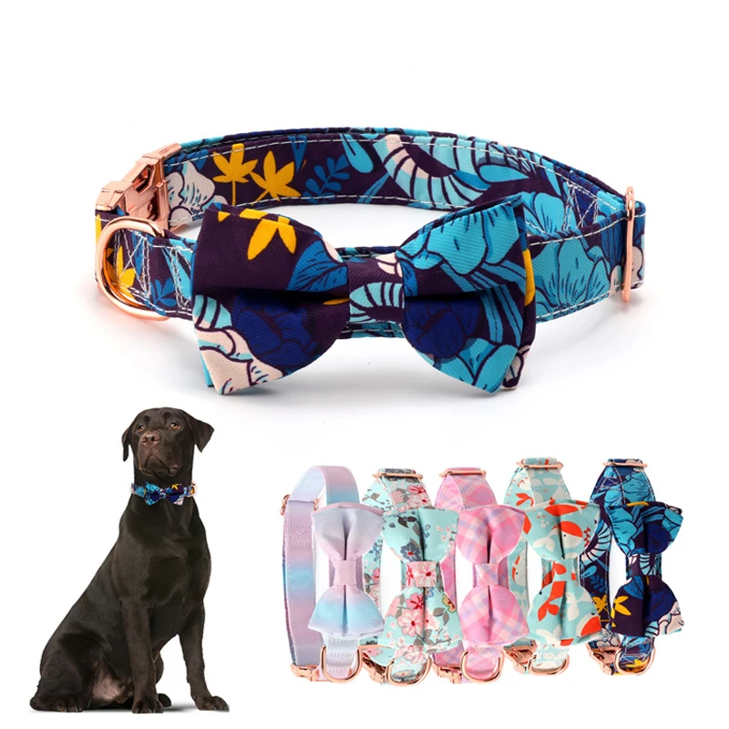 Personalized Floral Dog Collar With Bow Tie For Small Large Dogs