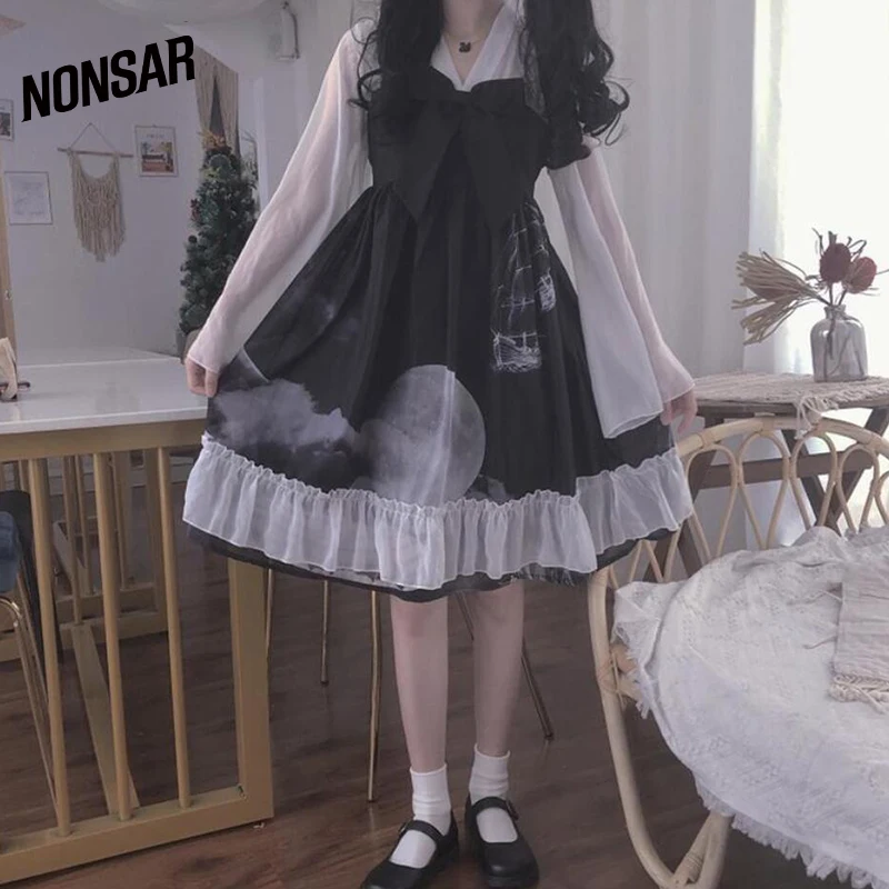 チャイニーズスタイルドレスレトロガールソフトシスターロリータデイリーハイウエストボウ レディース服