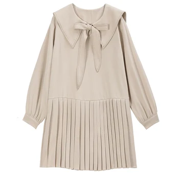 

Loose Women Pleated Bow Stitch Big Size Dress New Round Neck Long Sleeve Loose Fit Fashion Tide Spring Autumn 2020 1S197Q
