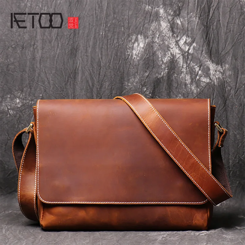 

AETOO Vintage leather men's bag, handmade cowhide sloping bag, mad horse leather simple men's one-shoulder bag.