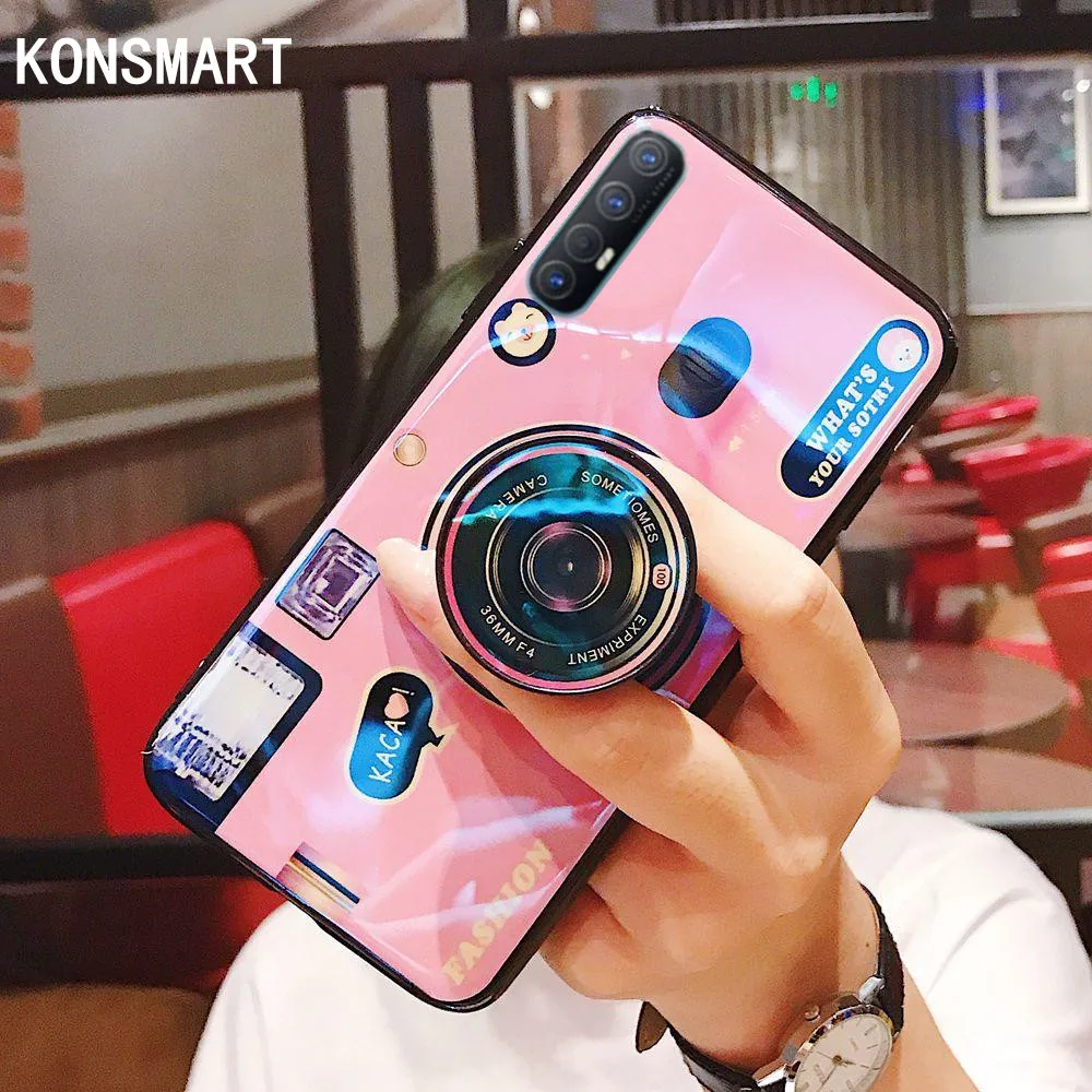 

KONSMART Reno 3 Pro Case For OPPO Reno 3Pro 3D Camera Fashion Light Blue Silicone Soft Phone Case 6.5" With Holder Back Cover