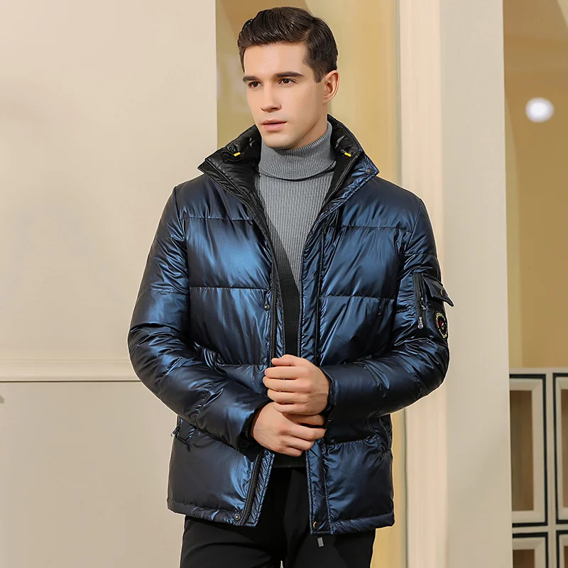 

Winter thick short men's down jacket bright surface plus velvet warm hooded jacket