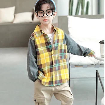

Casual Teenage Boys Plaid Shirts Long Sleeve 2020 Autumn Children Patchwork Botton Shirt Korean Kids Clothes Tops 9 10 12 13 14Y