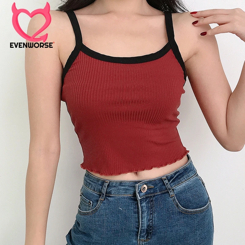 

Evenworse Red Slim Vest Woman Fashion 2020 Spring Summer Sports & Leisure Crop Tops Solid Tight Stretch Strap Vest Street Style