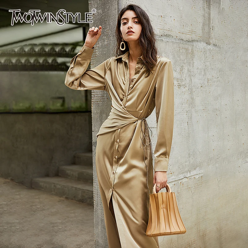 TWOTWINSTYLE Irregular Tunic Shirt Dress For Women Lapel Long Sleeve High Waist Lace Up Midi Dresses Female Fashion 2020 Fall TWOTWINSTYLE Irregular Tunic Shirt Dress For Women Lapel Long Sleeve High Waist Lace Up Midi Dresses Female Fashion 2020 Fall