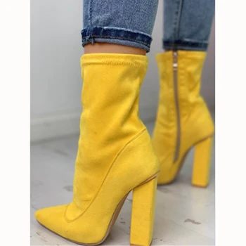 

2020 Woman Summer Shoes New Boots Basic Mid Calf Super High Square Heels Pointed Toe Fashion Party Zip Sewing