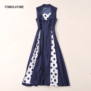 

Woman's Dress Patchwork Wave Point Sleeveless Dress 2020 Spring Mid-Calf Dresses