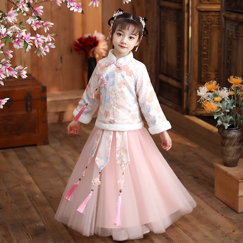 

Kids New Year Dress Clothes Autumn Winter New Embroider Girl's Hanfu Cheongsam Chinese Tradition Wedding Flower Girl Dresses