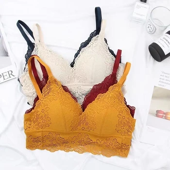 

Lingerie Femme Women Lingerie Lace Bralette Wireless Bra Fashion Brassiere Three Hook-and-eye Women's Intimates Bra & Brief Sets