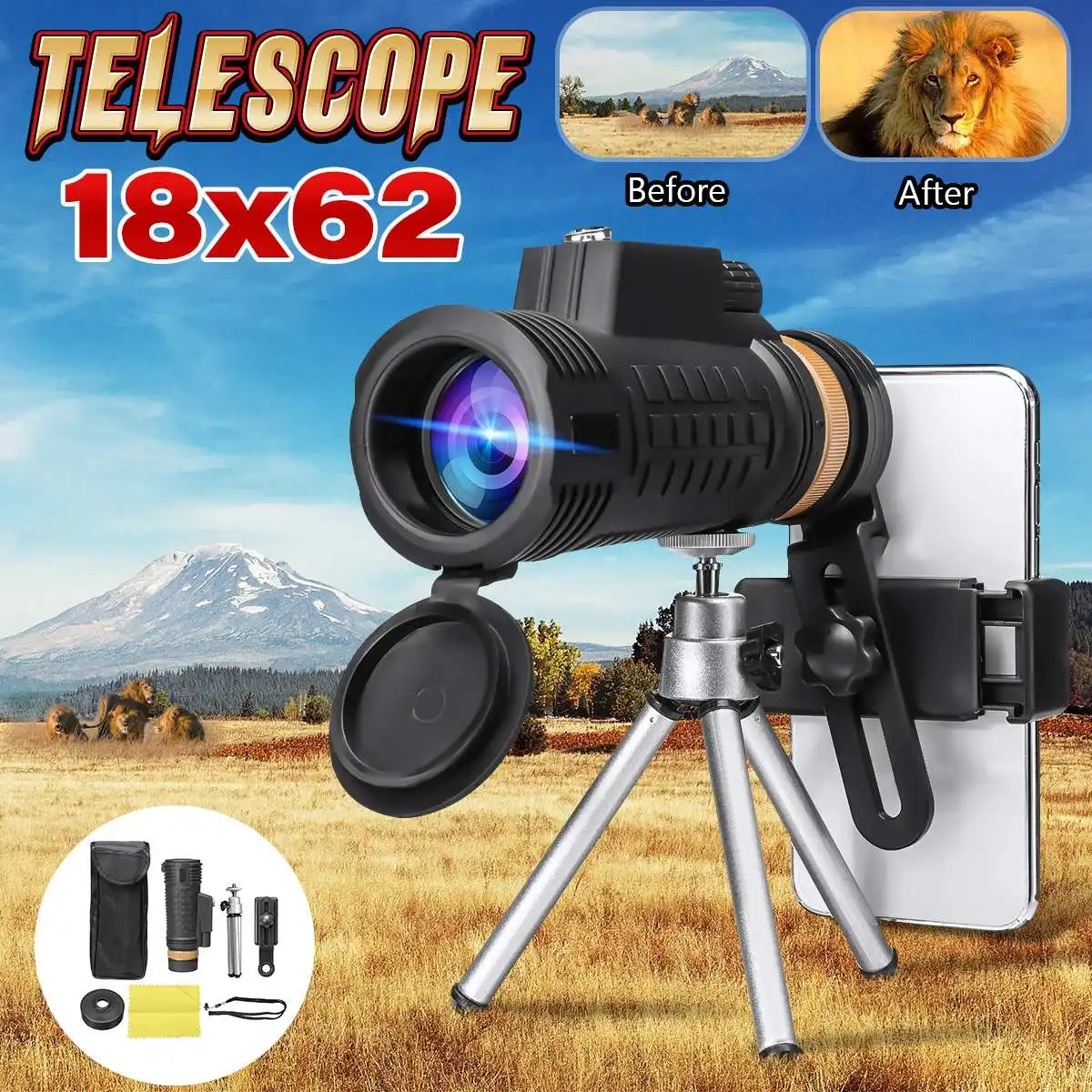 SGODDE 18X62 Открытый Монокуляр бинокль HD оптический день Ночное Видение ручной телескоп портативный w/Зажим для телефона Кемпинг Дорожный комплект