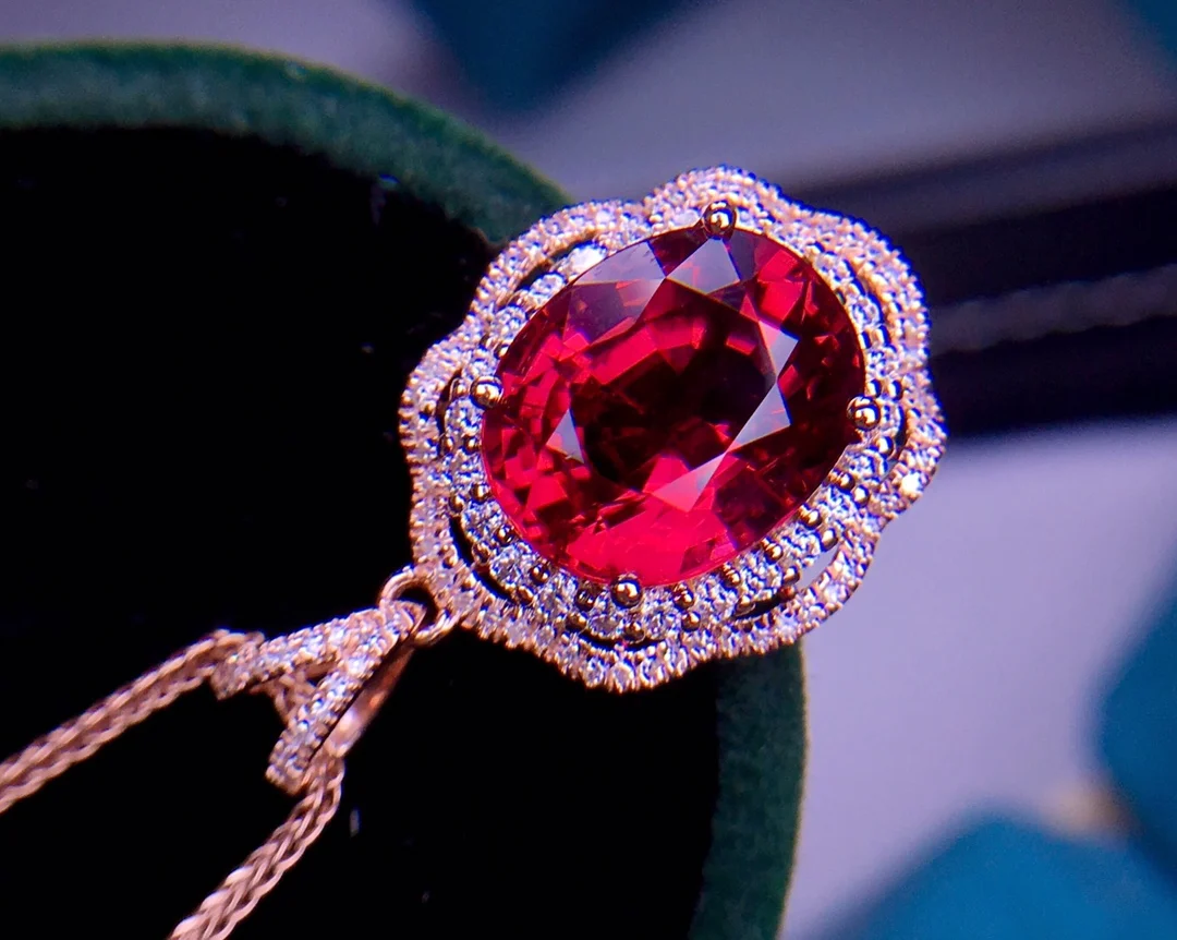E510 루빌라이트 전기석 펜던트, 리얼 18K 골드 100% 천연 루빌라이트 전기석 4.8ct 보석 다이아몬드 펜던트 목걸이
