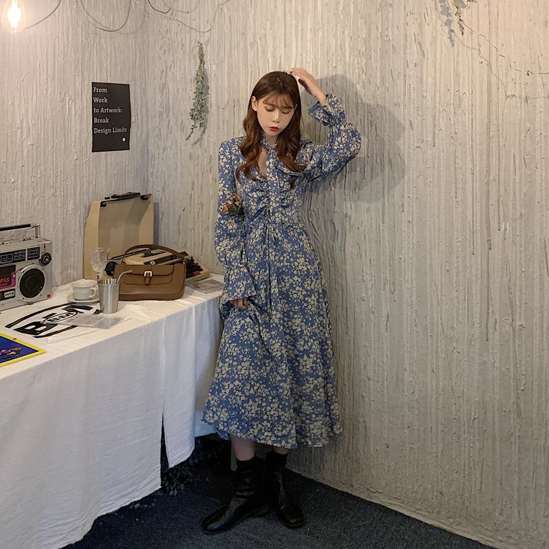 2020 New Autumn Female Chiffon Long Dress Women Long Sleeve Holiday Boho Beach Dress Vintage Floral Print Party Vestidos Robe