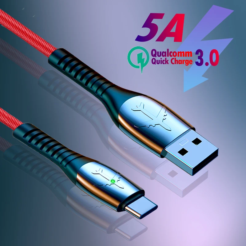 Кабель USB Type-C со светодиодной подсветкой для быстрой зарядки и передачи данных 5 А