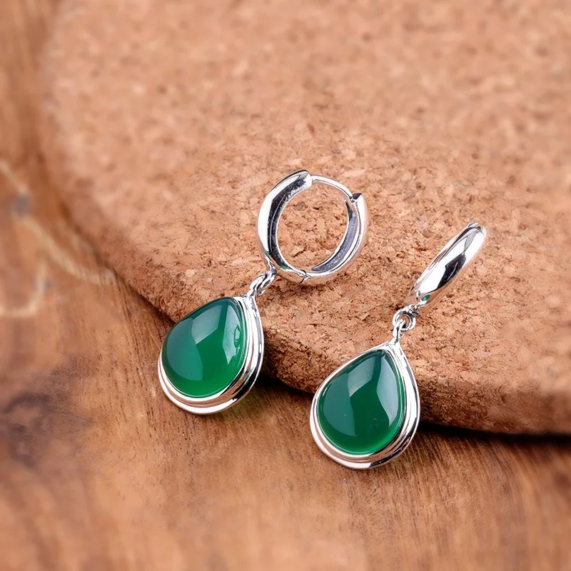 100% 925 Sterling Silver retro Feng Shui drop shaped green jade earrings