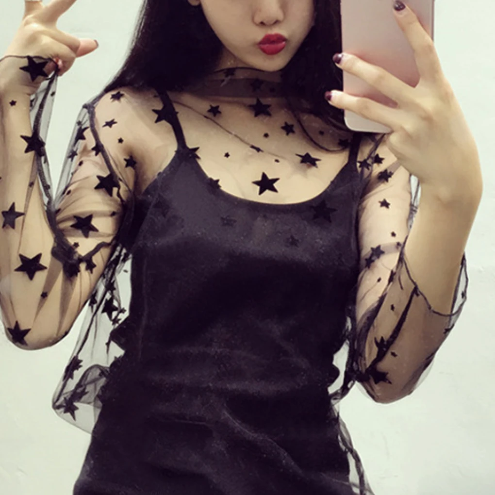 Женская прозрачная рубашка в горошек со звездами|Блузки| |