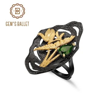 

GEM'S BALLET 925 Sterling Silver Adjustable Cocktail Ring Handmade Dragonfly Lotus Flower Natural Chrome Diopside Ring For Women