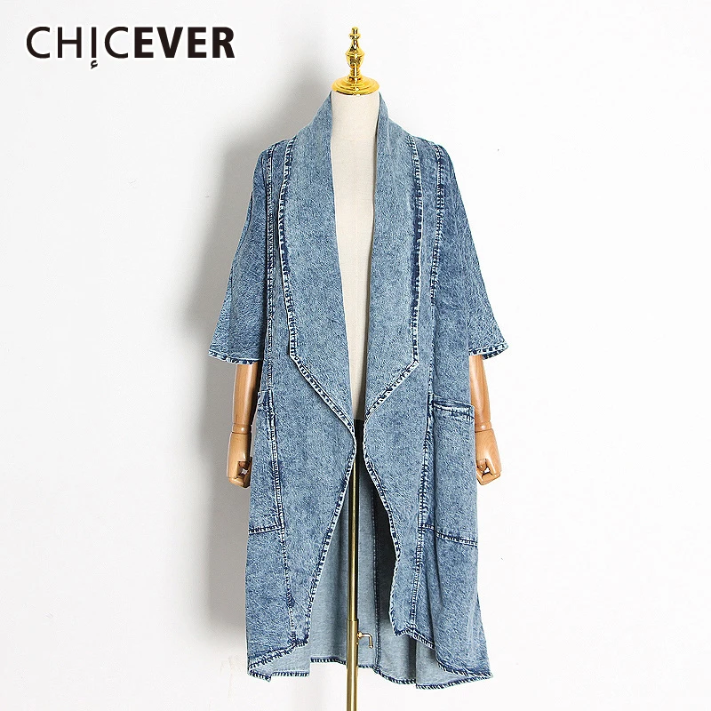 CHICEVER Blue Denim Trench For Women Lapel Batwing Three Quarter Sleeve Loose Big Size Windbreakers Female 2021 Autumn Clothing