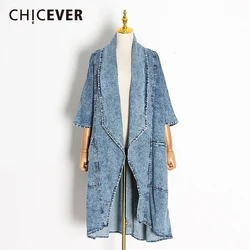 CHICEVER Blue Denim Trench For Women Lapel Batwing Three Quarter Sleeve Loose Big Size Windbreakers Female 2021 Autumn Clothing