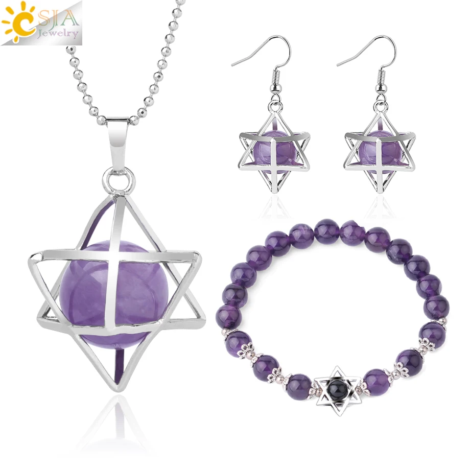 CSJA Merkaba фиолетовый кристалл набор из натуральных камней ожерелье серьги браслет Ювелирные наборы целебная энергия аметисты для женщин G353