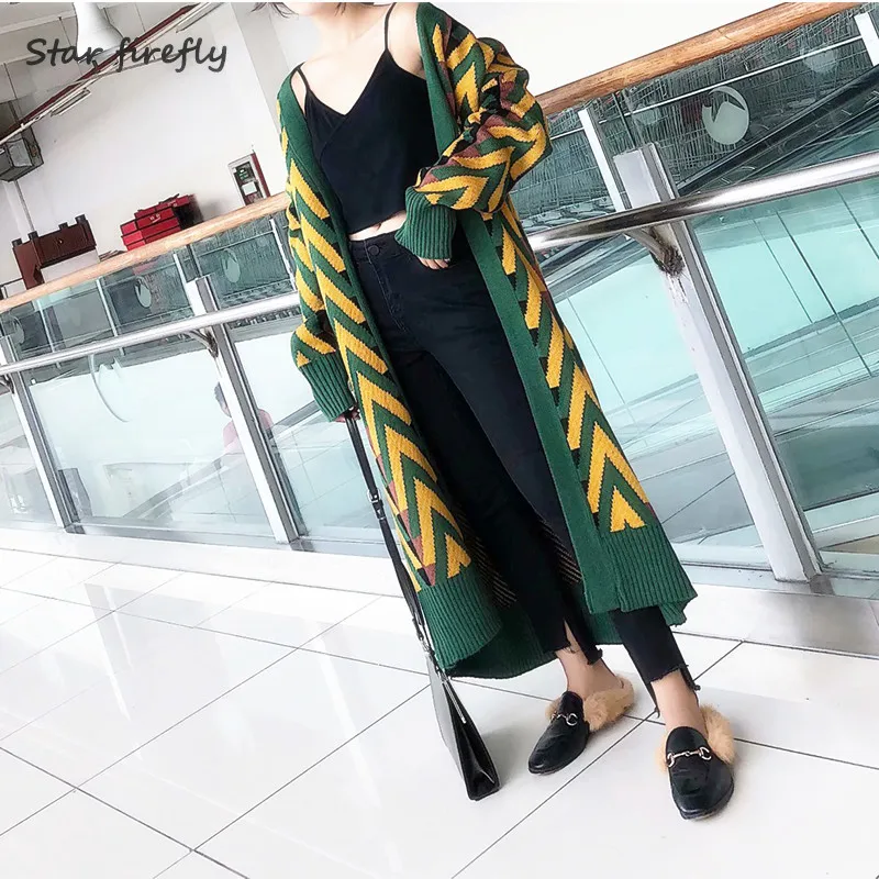 Best Price Star firefly women long knitted cardigan 2019 autumn color wave pattern cotton slim casual cardigan coat plus size cardigans