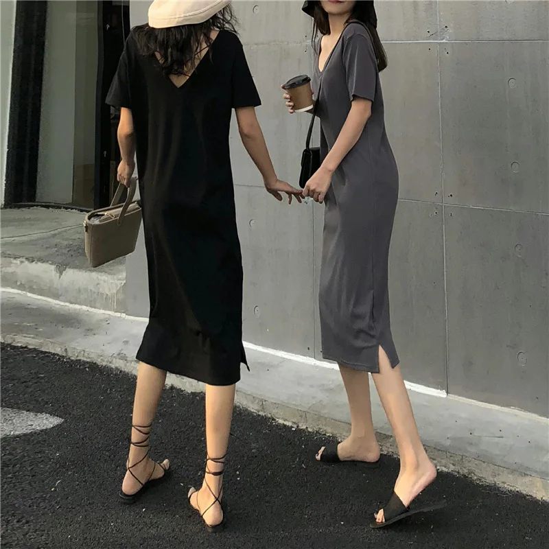 

Summer Dress Women's Loose-Fit V-neck Backless Slit Medium-length Skirt