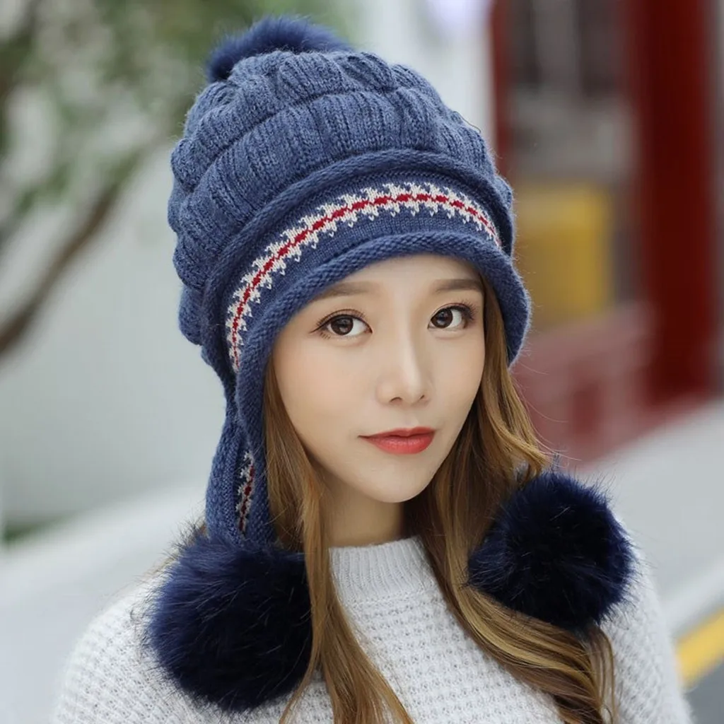 Fashion Winter Hats For Women Fashion Keep Warm Winter Hats Knitted Wool Hemming Hat With Hair Ball Gorros Mujer Invierno
