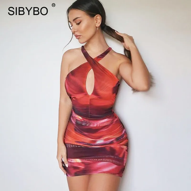 Женское облегающее платье Sibybo обтягивающее короткое с открытой спиной и принтом